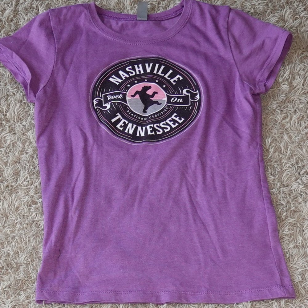 Girls Size Large Fitted Nashville Purple Rock On Graphic T-Shirt - Picture 2 of 3